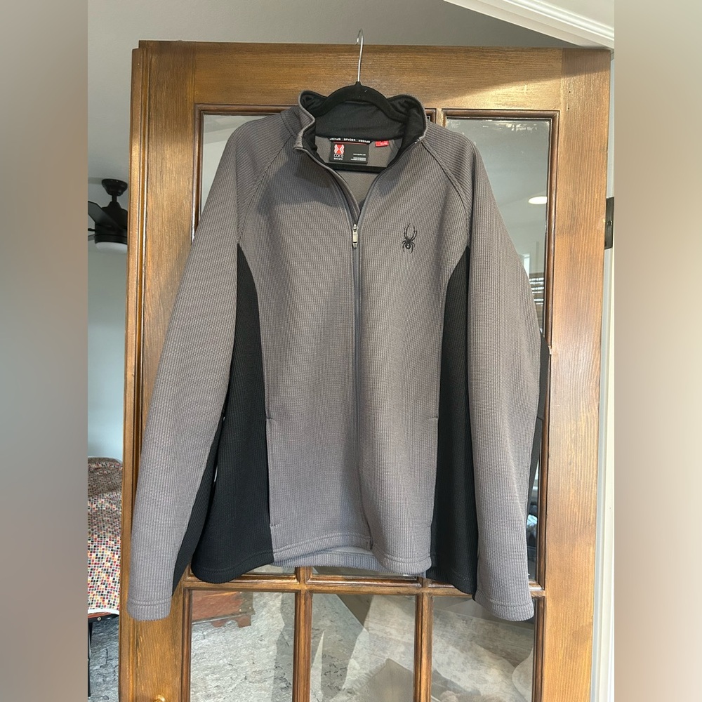 Spyder FOREMOST Mens XL Gray Black Waffle Knit Full Zip Fleece Jacket Coat - Picture 2 of 9